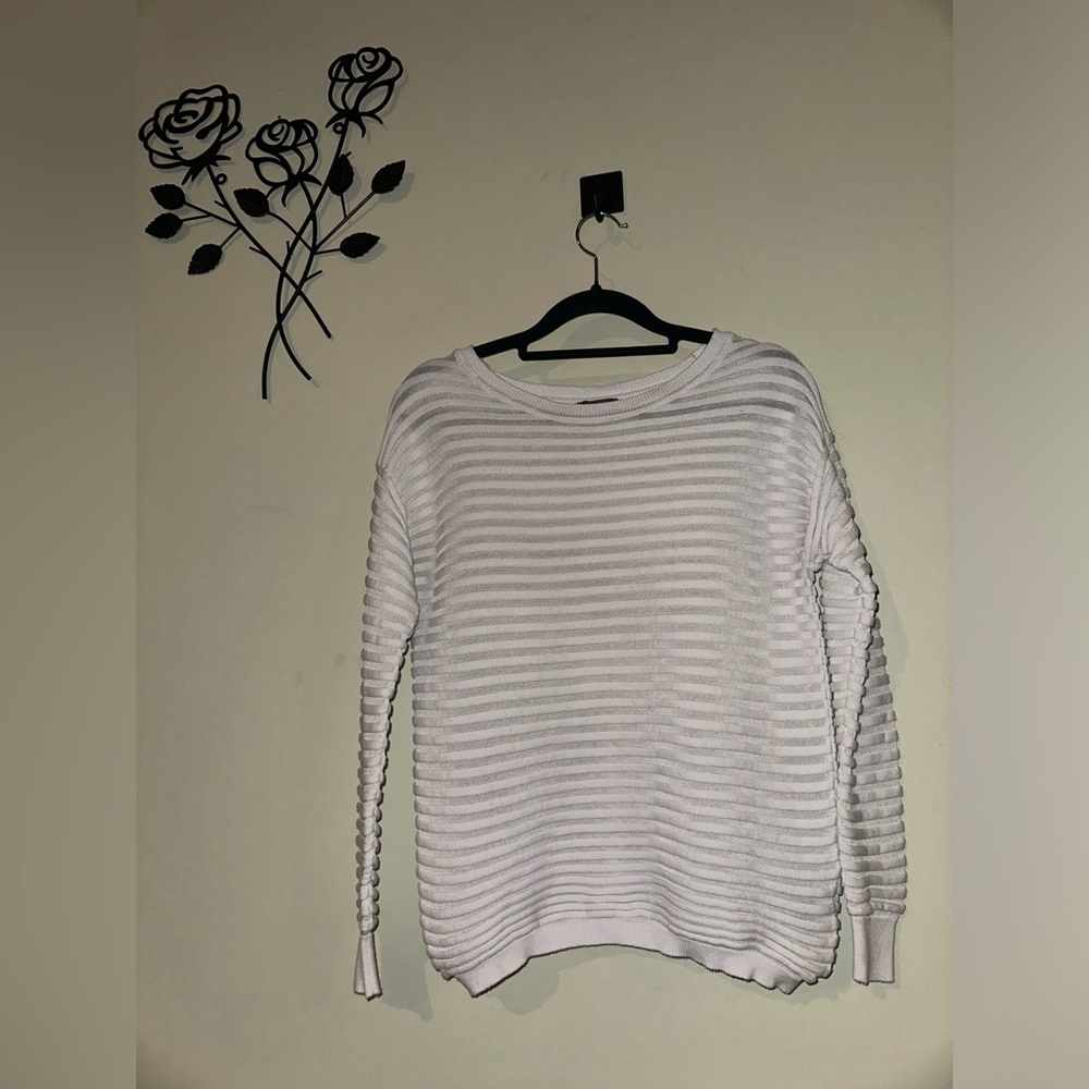 Vince Camuto Womens Pullover Sweater Creamy White Ribbed Semi-Sheer Knit Small